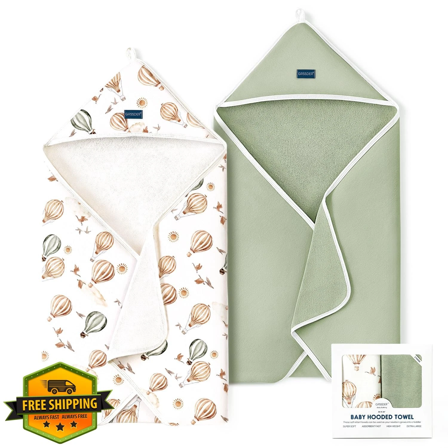 GRSSDER 2pk Baby Hooded Towel Balloon 34"x34"