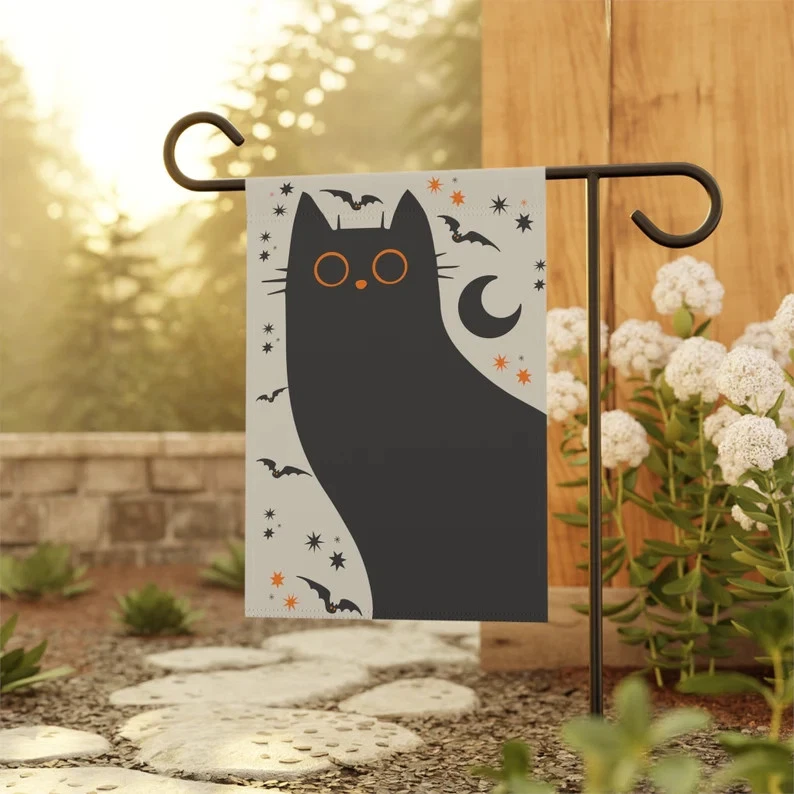 Halloween Black Cat Garden Flag, Fall Spooky Bat Yard Autumn Banner Decor