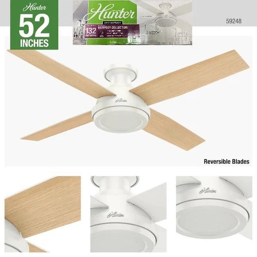 59248 New Hunter Fresh White Indoor Flush Mount Ceiling Fan with Remote 4-Blade - Picture 2 of 5