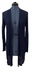 Eileen Fisher Blue Ribbed Linen Open Front Longsleeve Midi Cardigan Capsule PM