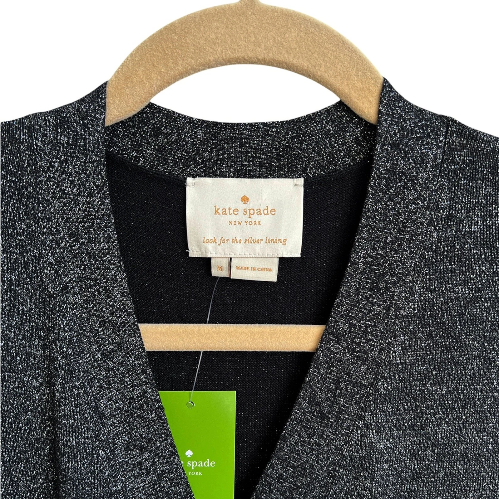 Abito Kate Spade taglia M neutro metallizzato festa festa nuovo nero lucido midi $328 NUOVO