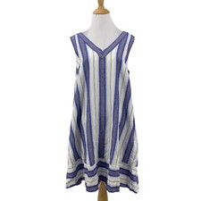 Loft Linen Blend Double V Dress Womens S Small White Blue Stripe A Line