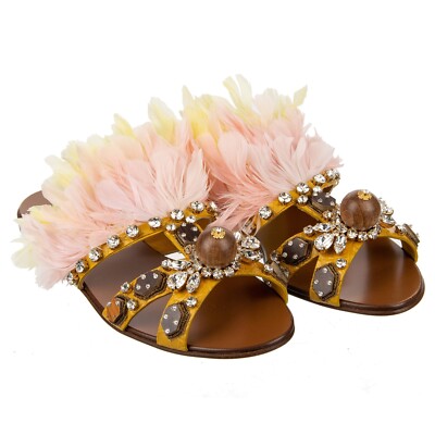 DOLCE & GABBANA Feder Kristall Kaiman Leder Sandalen BIANCA Gelb Pink 09442