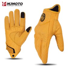 Retro Yellow Leather Motorcycle Gloves Men Women Breathable Perforated Motorbike