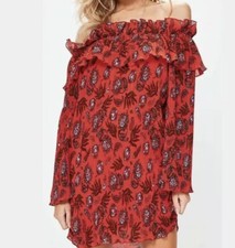 Missguided Womens US 6 Red Paisley Ruffle Accordion Pleated Bardot Dress R4