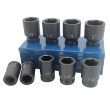 9 Pcs 1" Dr. 6pt. SAE Jumbo Deep Shallow Impact Socket Set 1" - 2" Sockets Case
