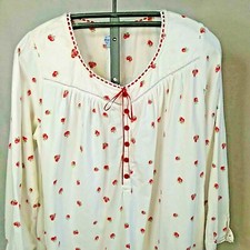 Lanz of Salzburg Flannel Nightgown Large Apples White Red Ribbon Eyelet Trim