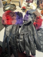 Lord  Taylor Women's Leather Gloves w/multi colored fur trim