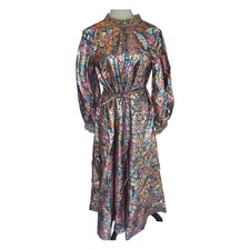 Vintage 1960s Metallic Brocade Beaded Maxi Dress Talon Zipper Mod Glam