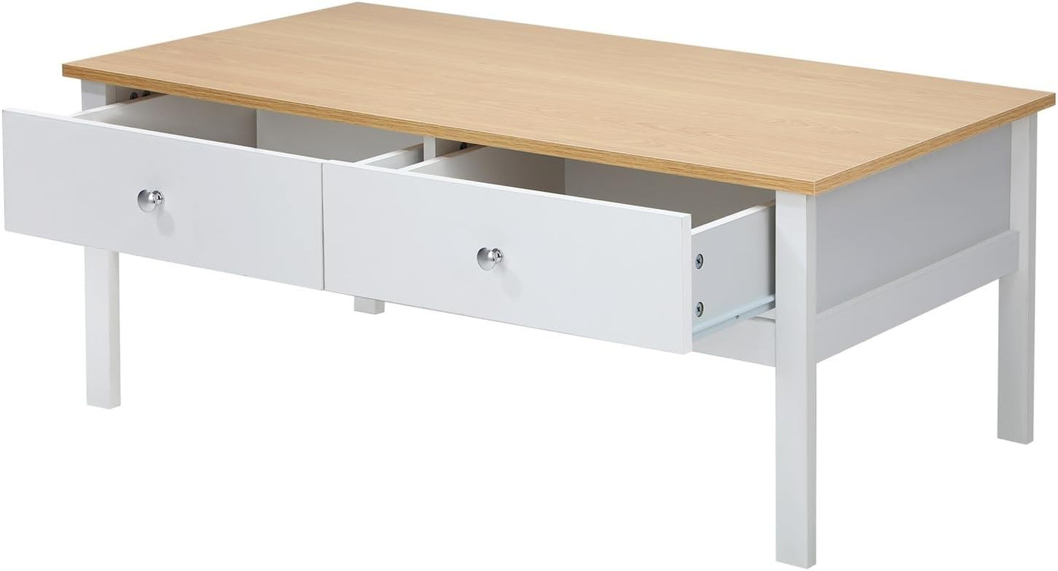 Coffee Table with 2 Storage Drawers Sofa Cafe Desk Natural White