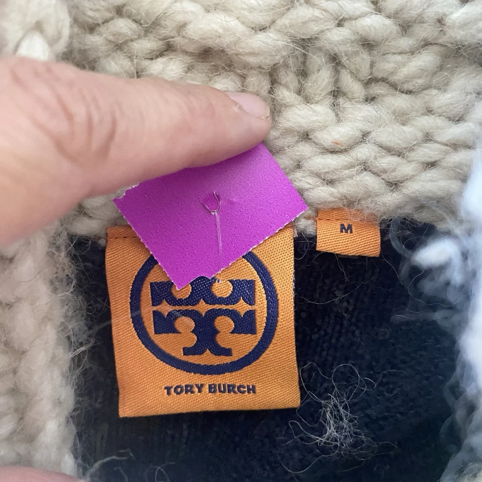 Tory Burch Alpaca Wool Blend Sweater M Navy Beige Knit Cuffs Collar Deadstock - Image 4 of 4