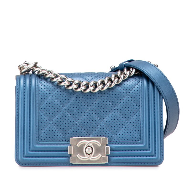 Chanel Matelasse Coco Mark Boy Chanel Chain Shoulder Bag Blue Punching Leather 4