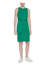 CALVIN KLEIN Womens Green Belted Unlined Sleeveless Sheath Dress 4