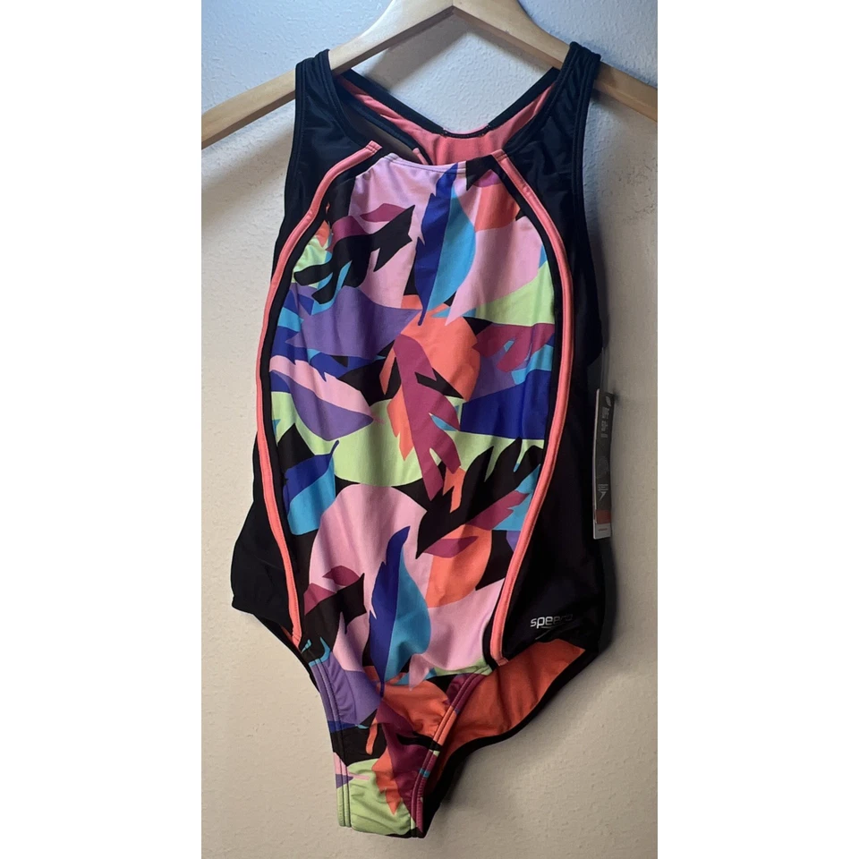 SPEEDO Girl's Size 16 Swimsuit 1 Pc Swim Black Pink Coral Paradise NWT - Image 2 of 4