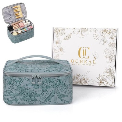 Makeup Bag,Travel Makeup Organizer Bag, Large Capacity Cosmetic Bags -Blue Flora