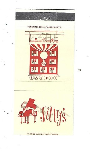 Jilly's - NYC Matchcover Endorsed by Frank Sinatra as his favorite bistro
