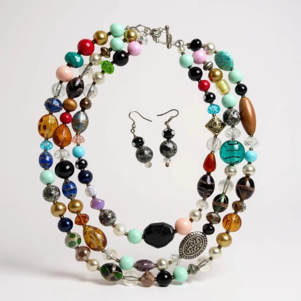 Three layers Multi color Mix bead Toggle clasp Necklace Earring set