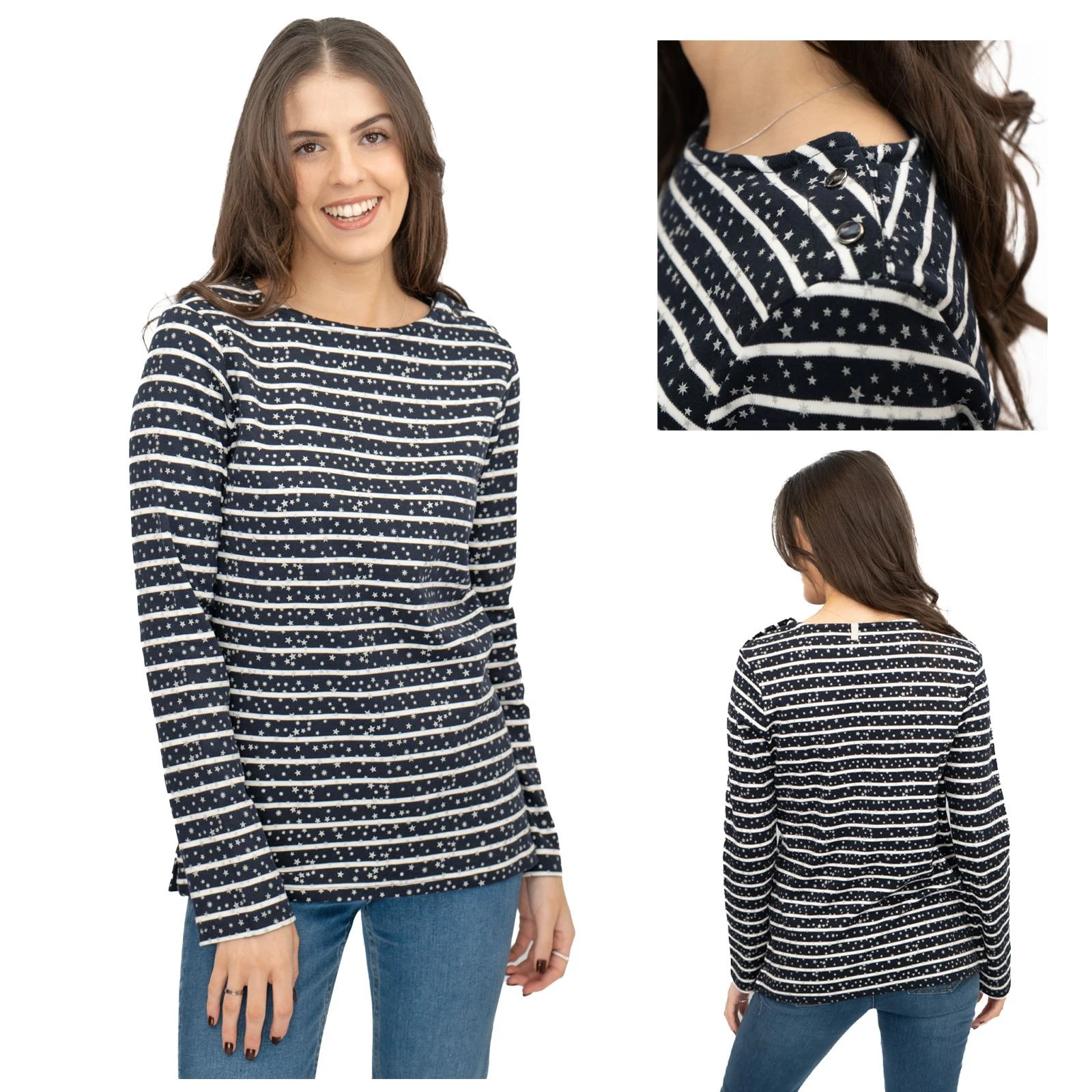 Crew Clothing Womens Navy Top Ultimate Breton Stripe Stars Cotton Long Sleeve