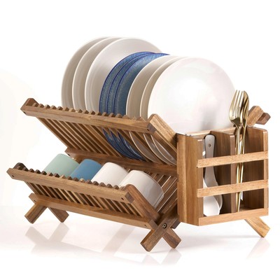 Acacia Wooden Dish Drying Rack for Kitchen Counter 2-Tier Collapsible Bmaboo ...
