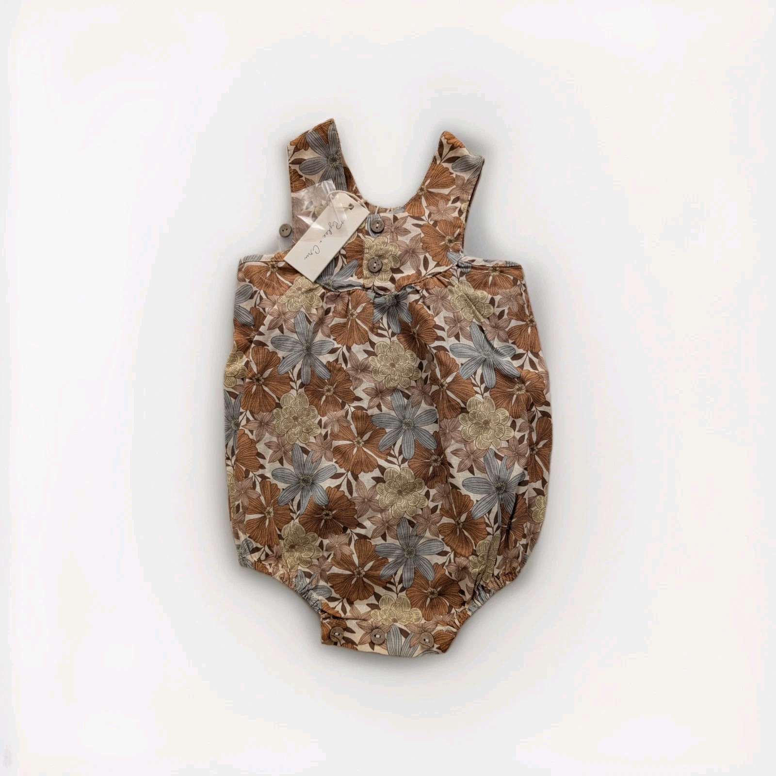 Rylee + Cru Floral Sleeveless Cotton Romper Brown Beige Gray White 3-6 Months