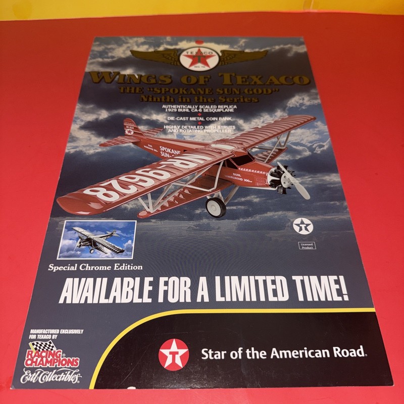 Wings of Texaco Gas Station PROMO SIGN The Spokane Sun-God Bank Plane Sign