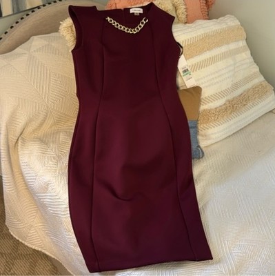 Women's Burgundy Maroon Calvin Klein Knee Length Dress Size 8 New W/ Tags  Gold | eBay