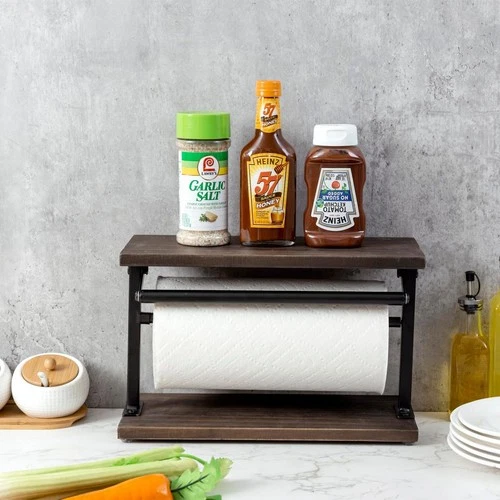 MyGift Kitchen Countertop Paper Towel Holder and Condiment Display Shelf Rack - Thumbnail 2