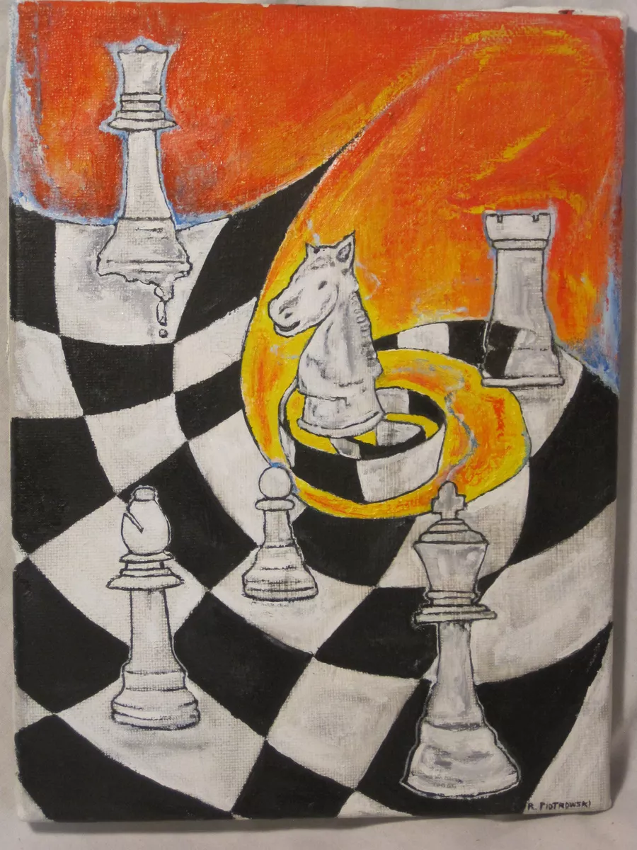 one of a kind original chess painting canvas wall art distorted king game