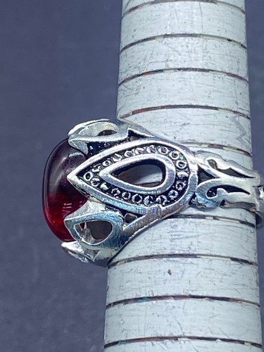 Men Handmade Engraved Red Glass Ruby Mixed Sliver Unique Ring - Picture 4 of 6