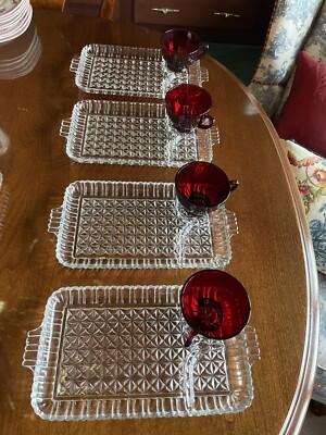 Vtg Anchor Hocking Serva Snack Set Crystal Diamond Square Trays Ruby Cups 8 Pc