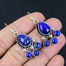 Lapis Lazuli Gemstone Handmade 925 Sterling Silver Jewelry Earring 1.85"