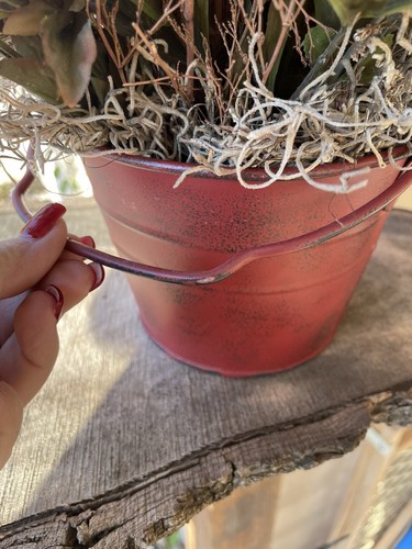 Red Rustic Metal Bucket W/ Artificial Flowers & Moss 13” T 12 W Table Decor - Picture 5 of 11