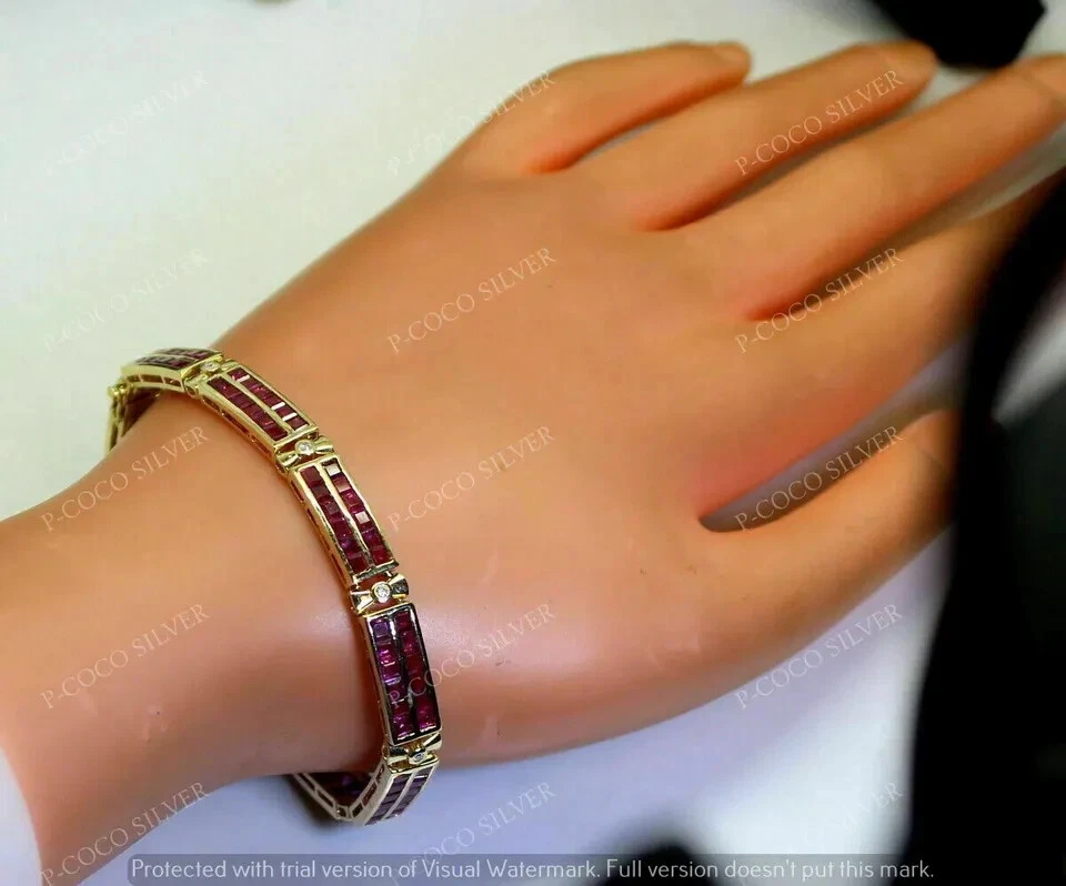 10Ct Estate 14K Yellow Gold Plated Princess Cut Red Ruby Gift Bracelet 7.5/8 - Image 3 of 4