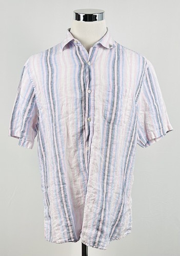 Saks Fifth Avenue XXL 100% Linen Casual Shirt Pink Blue Striped Short Sleeve - Picture 2 of 4