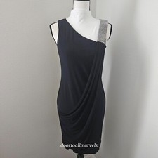 Betsy & Adam Cocktail Dress Sleeveless Rhinestone Drape Stretch Navy Blue sz 6
