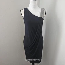 Betsy & Adam Cocktail Dress Sleeveless Rhinestone Drape Stretch Navy Blue sz 6
