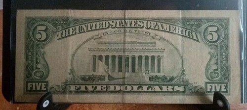 Old 1995 five dollar bill Bank Note Serial Number B 15928628 F - Picture 2 of 2