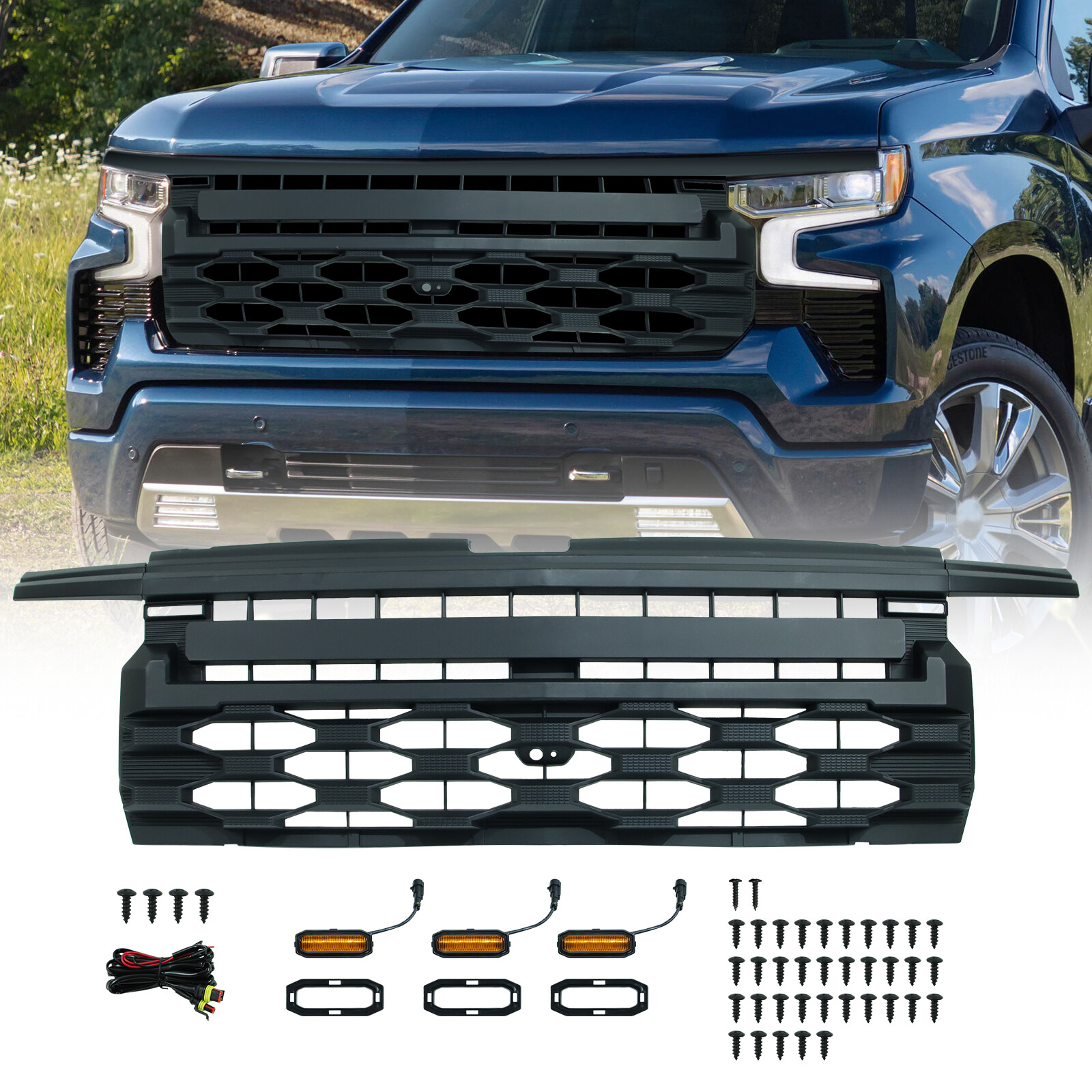 Gloss Black Front Grille W/LED Light For 2022 2023 2024 Chevrolet Silverado 1500