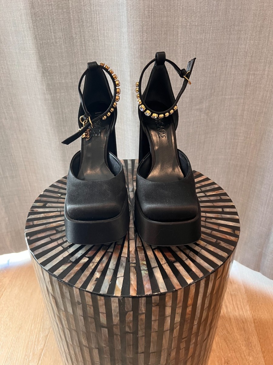 Black Versace Medusa Aevitas Satin Platform Pumps w/Crystal