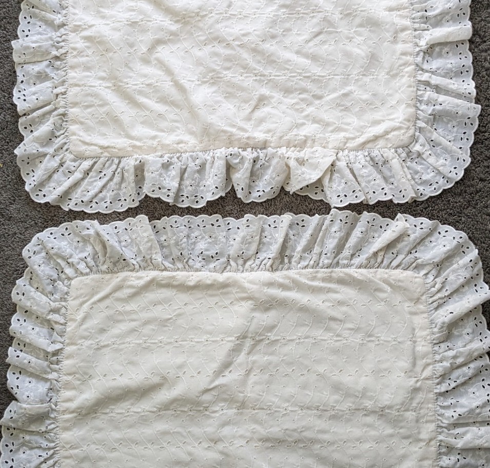 Pair Vintage Eyelet Lace Pillow Shams Cream Ruffle Cottagecore Shabby