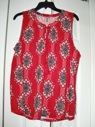 NWT~NEW DIRECTIONS~WEEKEND~KNITS~RED MOSAIC~SLEEVELESS~TESSLES~Blouse Top size L