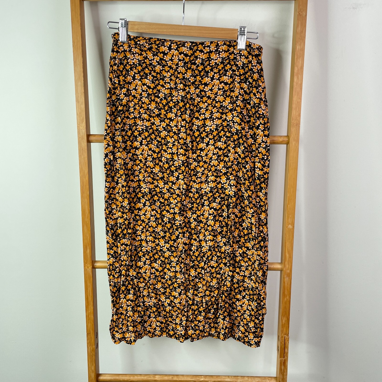 Ghanda Womens Black Yellow Floral Maxi Skirt with Side Slit Small Lightweight Unlined-image