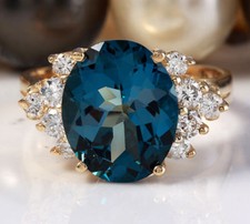 6.05 Carat Natural London Blue Topaz and Diamonds in 14K Solid Yellow Gold Ring