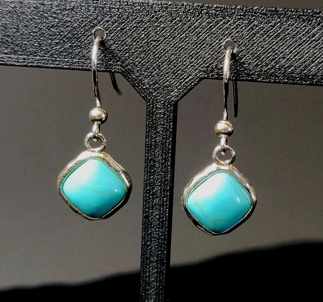 Signed Cellini Silver Marked 925 Natural Turquoise Square Facet Hook Earrings 