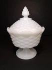 Vintage White Milk Glass Footed Pedestal Candy Dish with Lid Basket Weave Design
