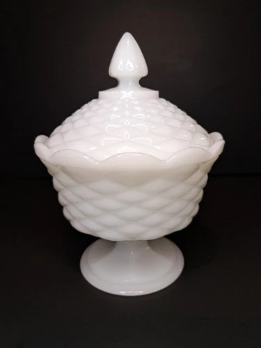 Vintage White Milk Glass Footed Pedestal Candy Dish with Lid Basket Weave Design