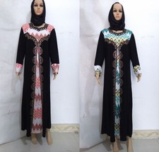 Eid Women Fashion Abaya Elegant Beads Print Loose Kaftan Long Dress Party Gowns