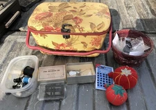 Sewing Box Basket & Contents buttons needles straight pin cushion vintage tools