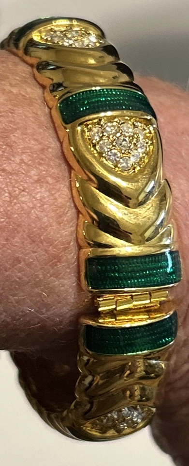 JOAN RIVERS Brazalete de Diseñador Chapado en Oro Esmalte Verde Estrás Bisagras Foto 3 de 4