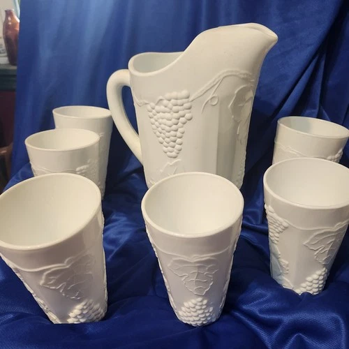 Anchor Hocking-Hobnail White Milk Glass Pitcher With 6 Matching Drinking Glasses